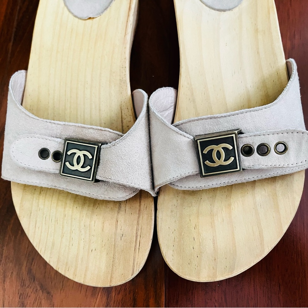 CHANEL x Dr. Scholl’s Wooden Slide Sandals, 8